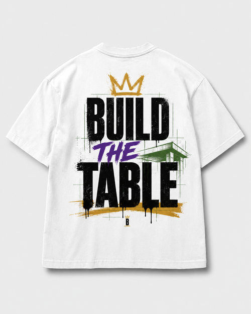 Build the Table - Blueprint White heavyweight tee, back view
