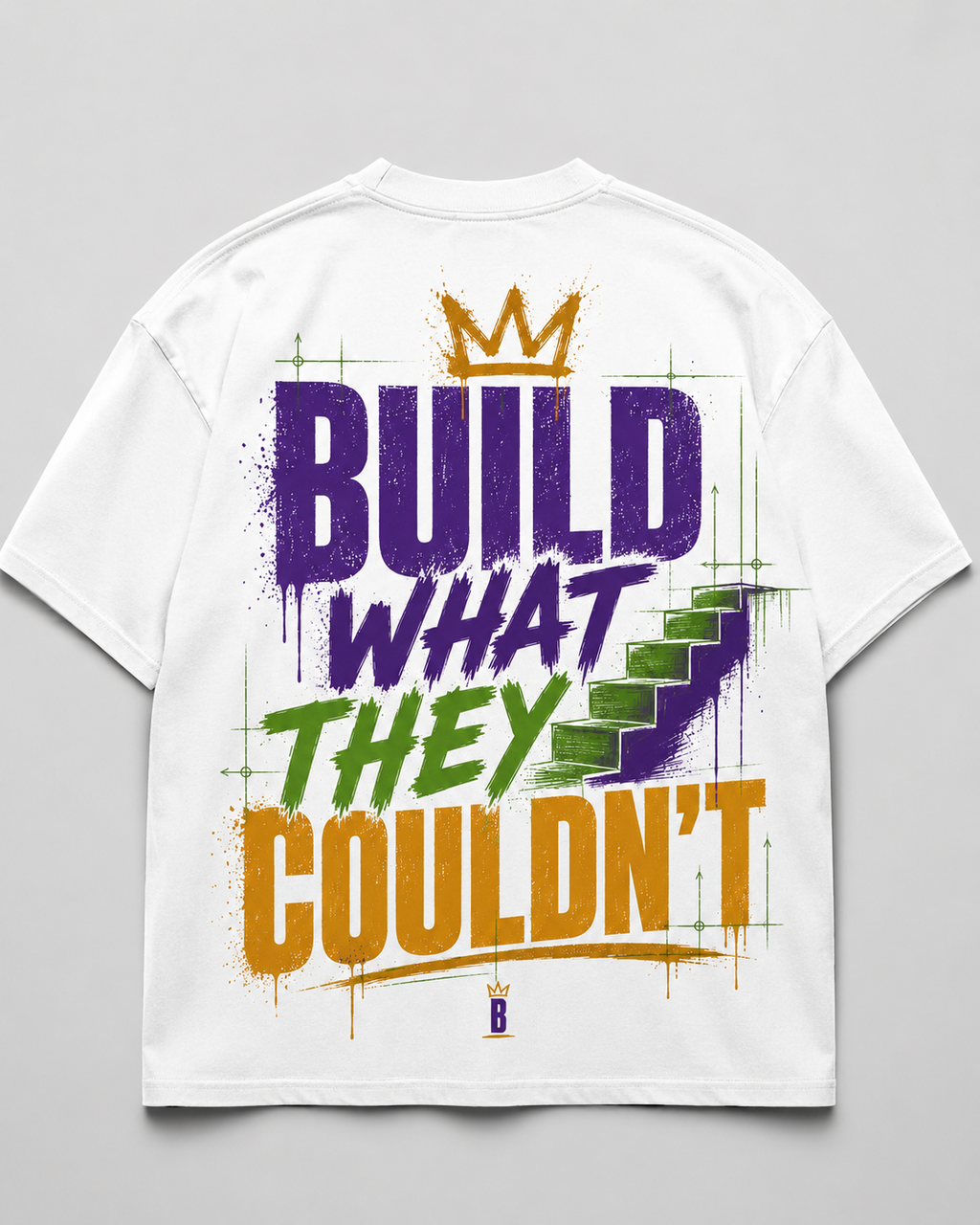Build What They Couldn't - Blueprint White heavyweight tee, back view