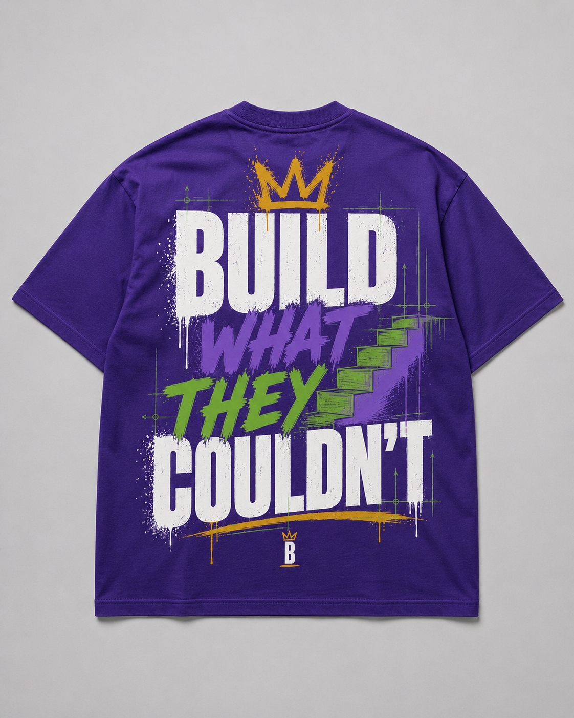 Build What They Couldn't - Builder Purple heavyweight tee, back view