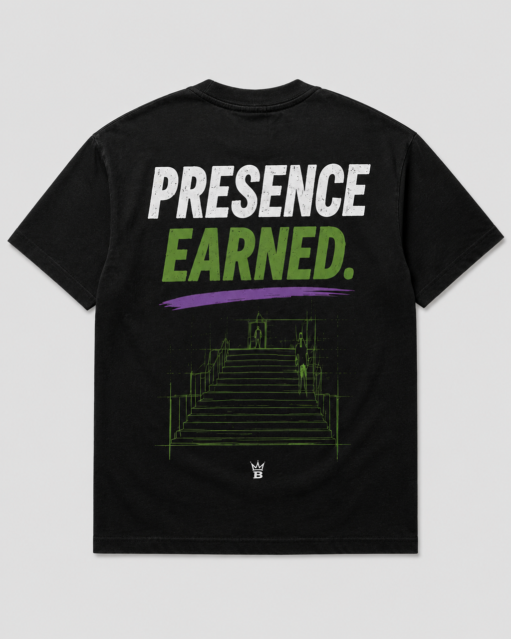 Presence Earned - Foundation Black heavyweight tee, back view