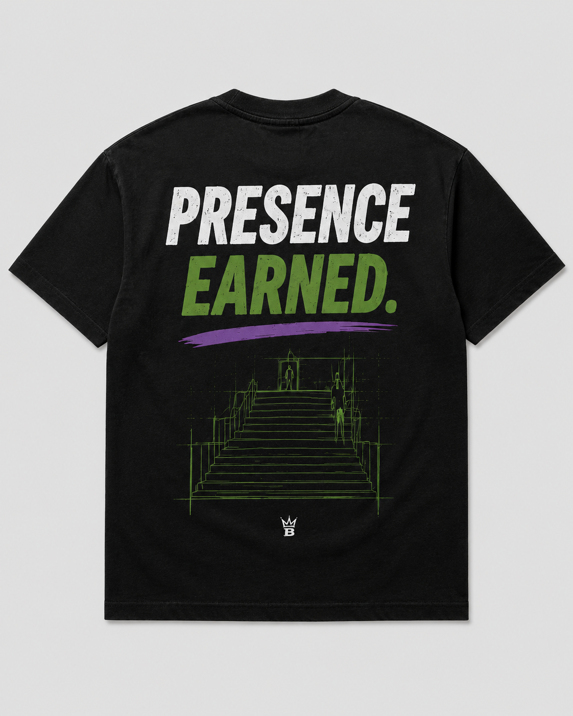 Presence Earned - Foundation Black heavyweight tee, back view