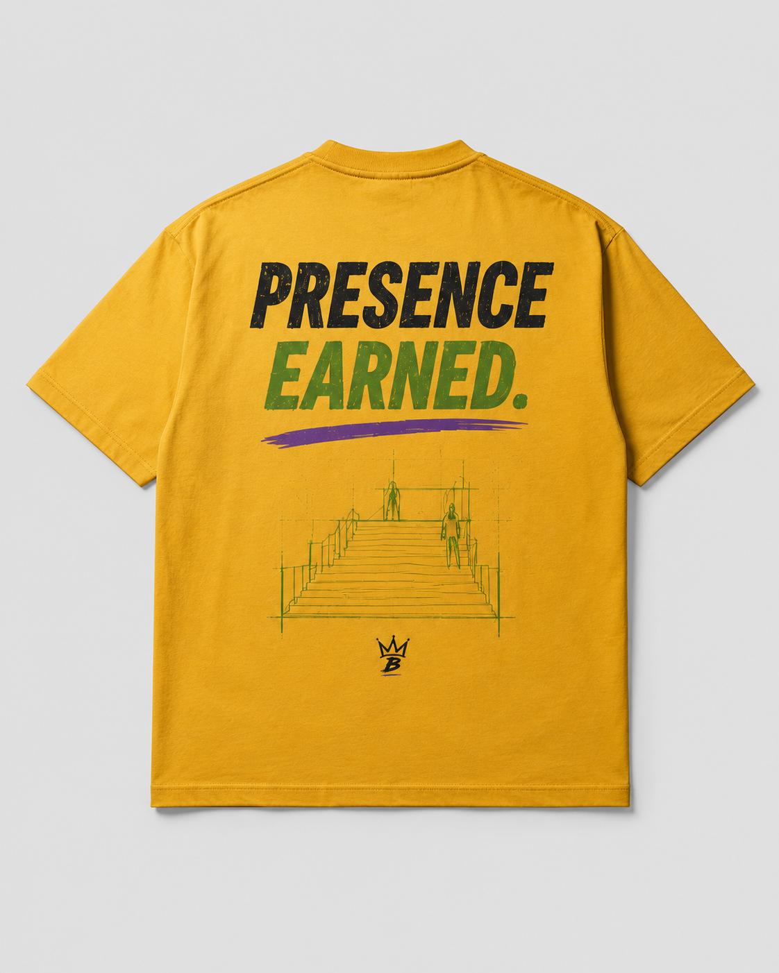 Presence Earned - Legacy Gold heavyweight tee, back view