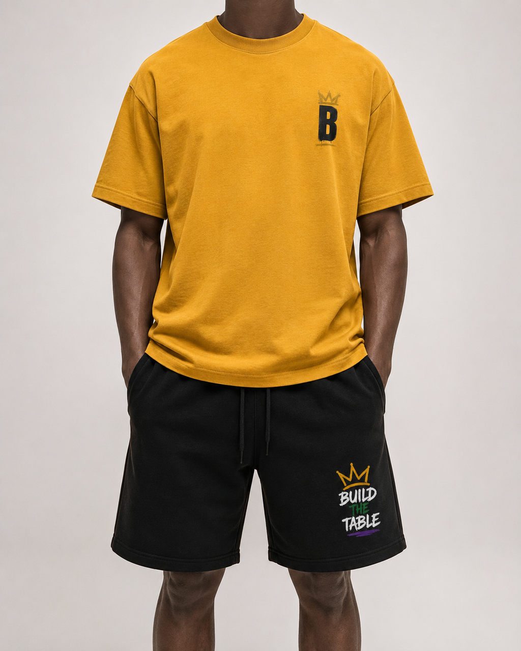 Build the Table - full matching set styled look, tee and shorts