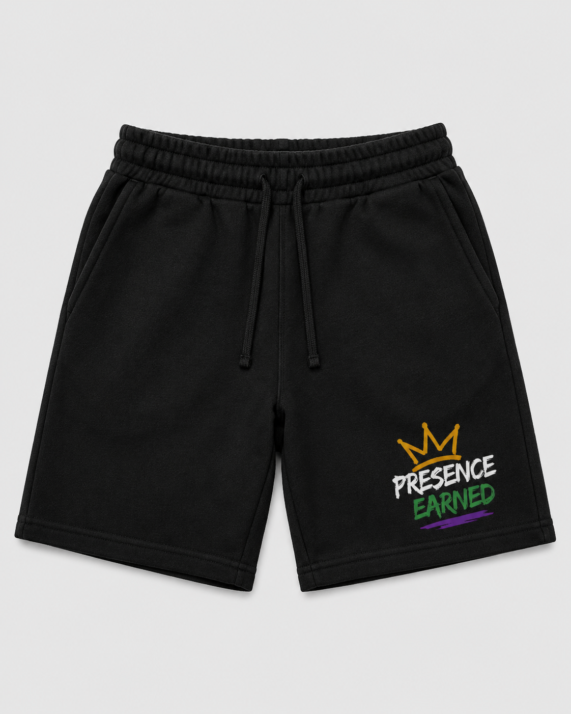 Presence Earned - Foundation Black fleece shorts, leg graphic