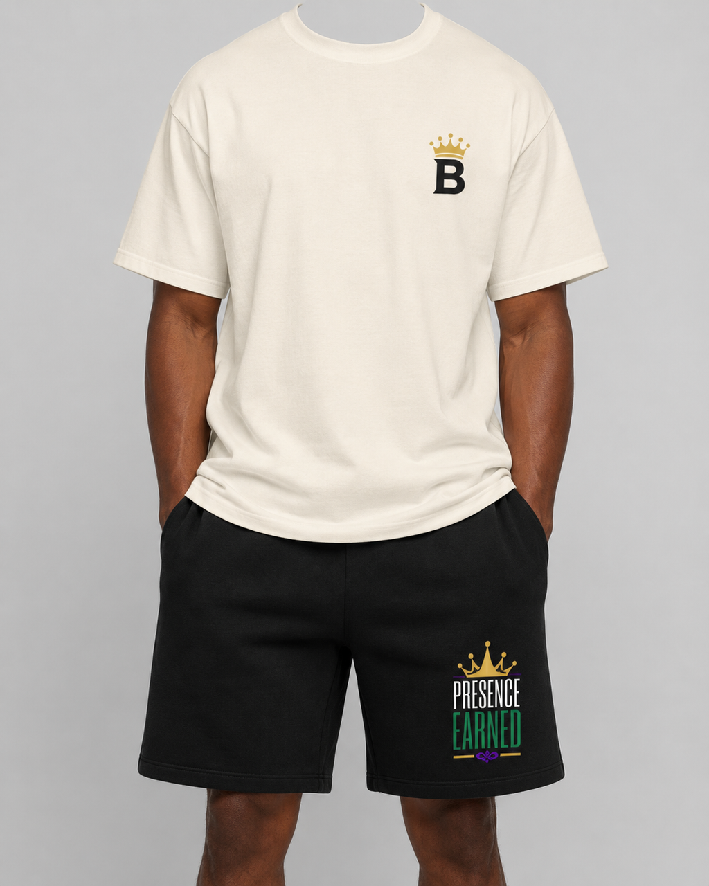 Presence Earned - full matching set styled look, tee and shorts