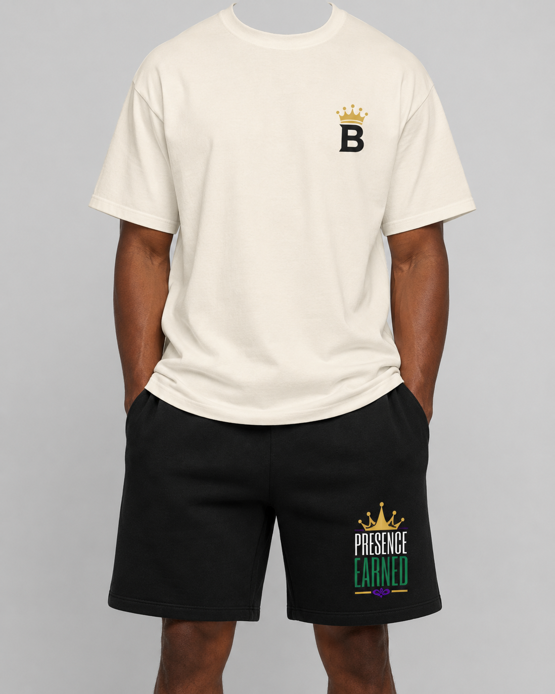 Presence Earned - full matching set styled look, tee and shorts