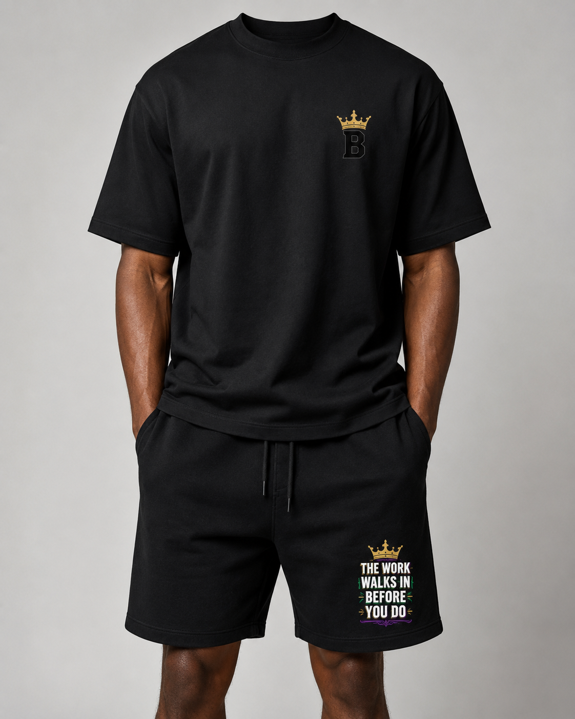 The Work Walks In Before You Do - full matching set styled look, tee and shorts