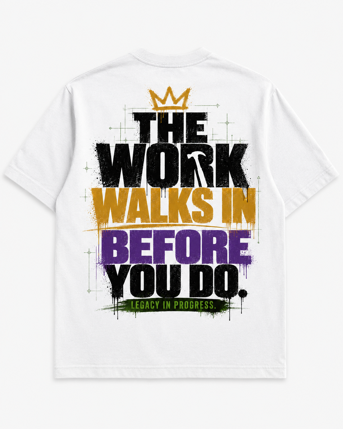 The Work Walks In Before You Do - Blueprint White heavyweight tee, back view